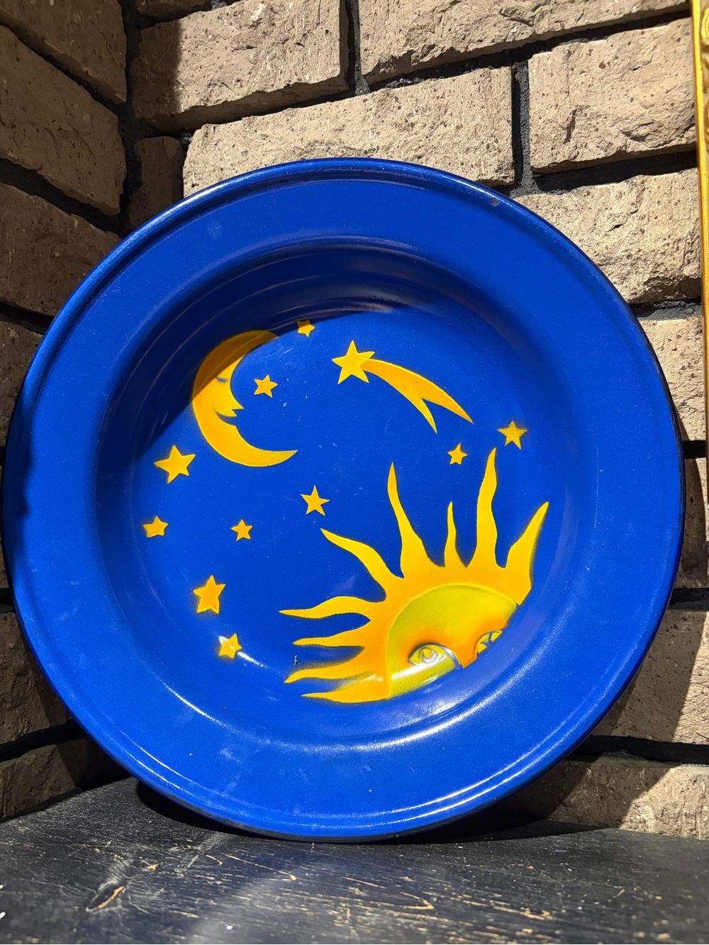 Vintage ENAMELWARE KOCKUMS SWEDEN BLUE YELLOW SUN AND MOON Celestial bowl